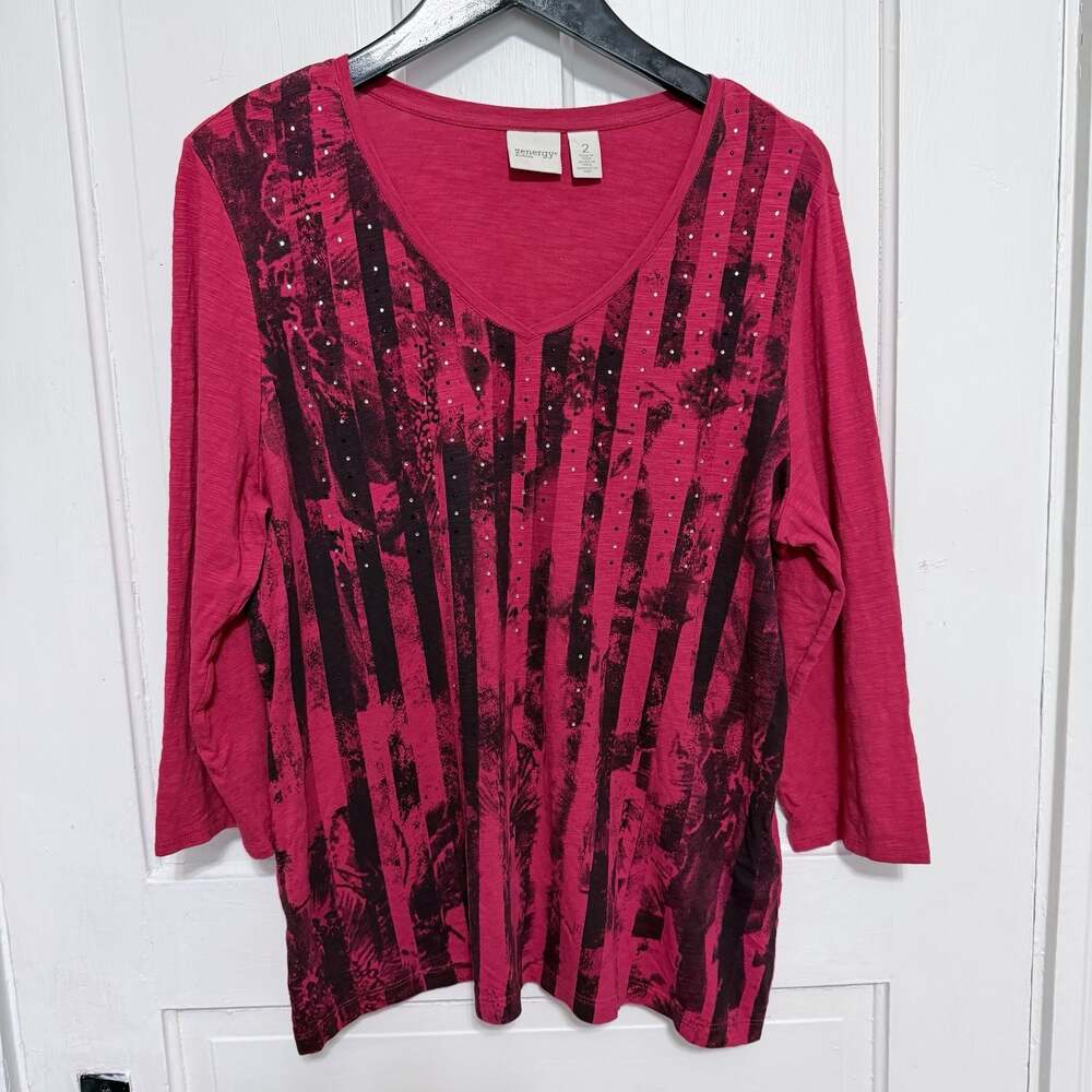 Zenergy by Chico's Rhinestone Embellished V-Neck 3/4 Sleeve Top Red Size 2
